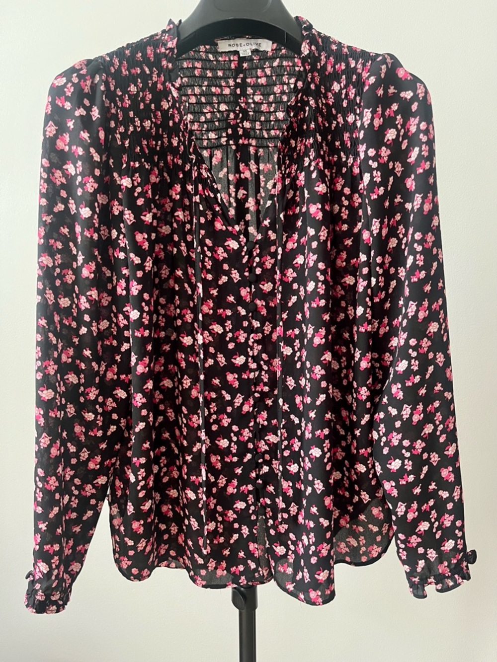 Rose & Olive Floral Smocked Peasant Blouse Cottagecore Boho Black Pink - Picture 2 of 14